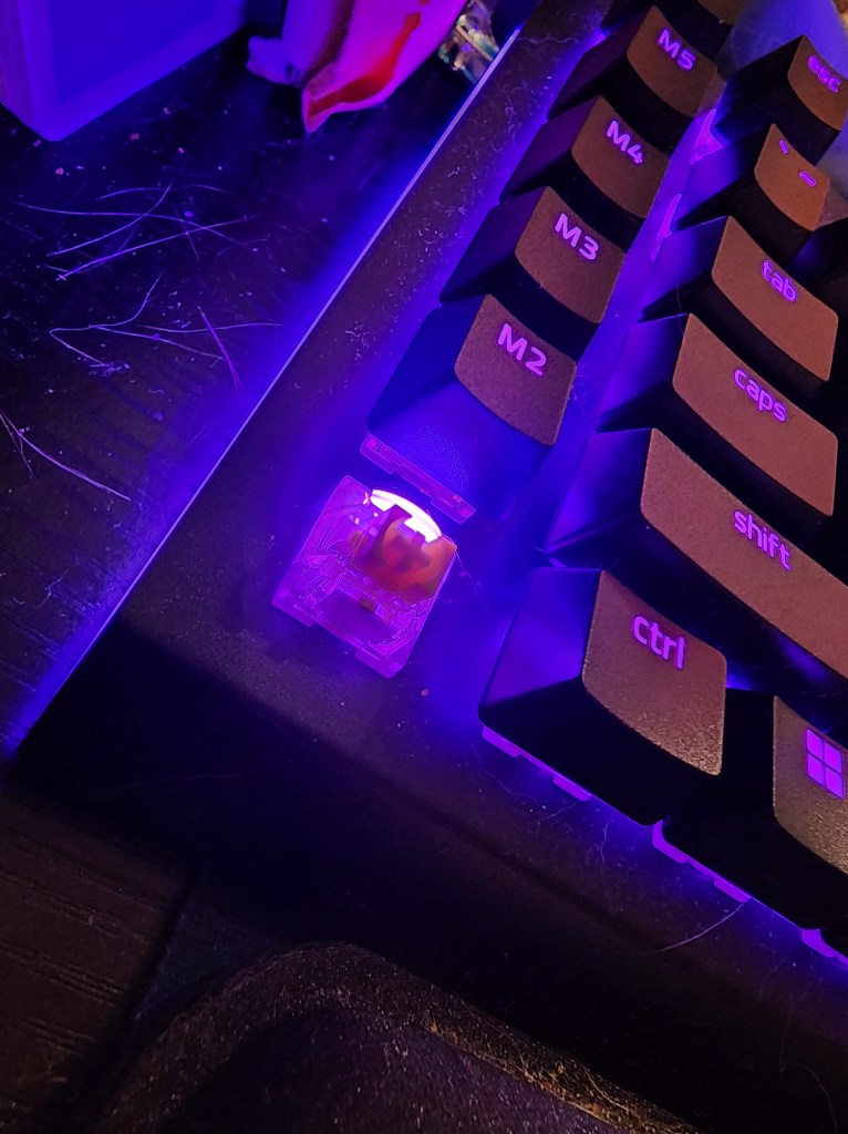 An image of the east side of the Razer BlackWidow V4 with the Macro 1 keycap taken off to expose the switch underneat.