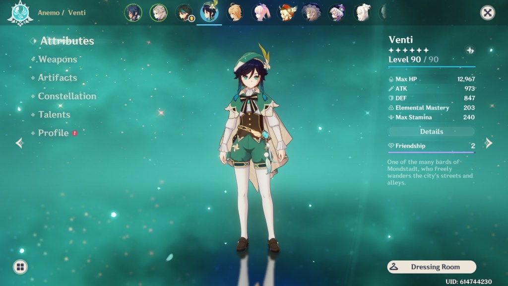 An image of the Genshin Impact character upgrade screen, showing Venti, a medium height humanoid male with long black hair and green clothes.