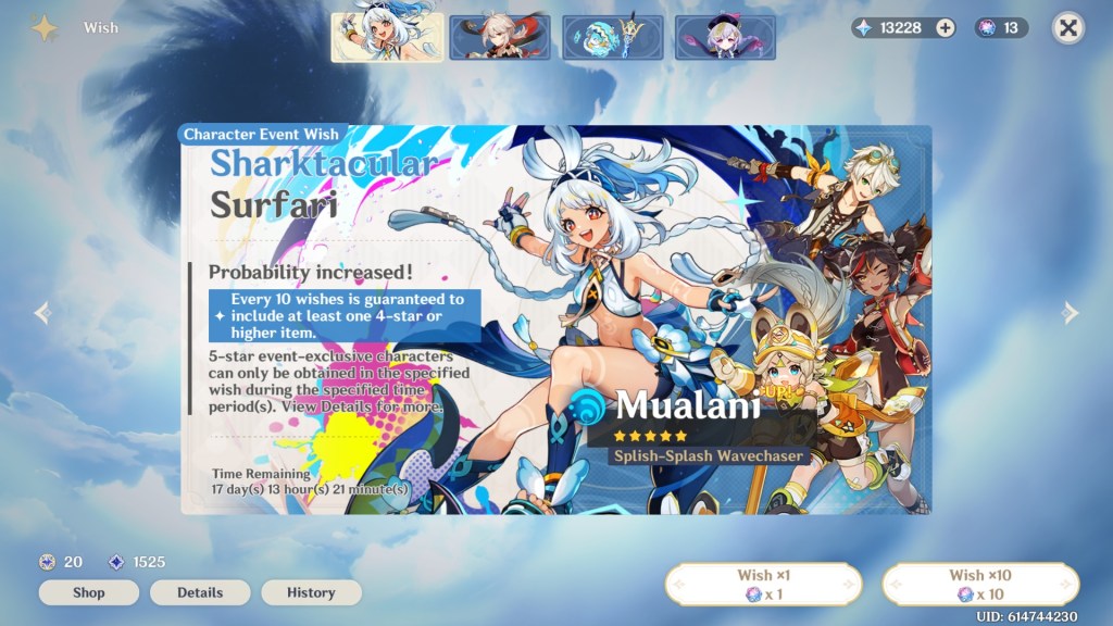 A screenshot of the Genshin Impact Wish screen, showing Mualani's banner.