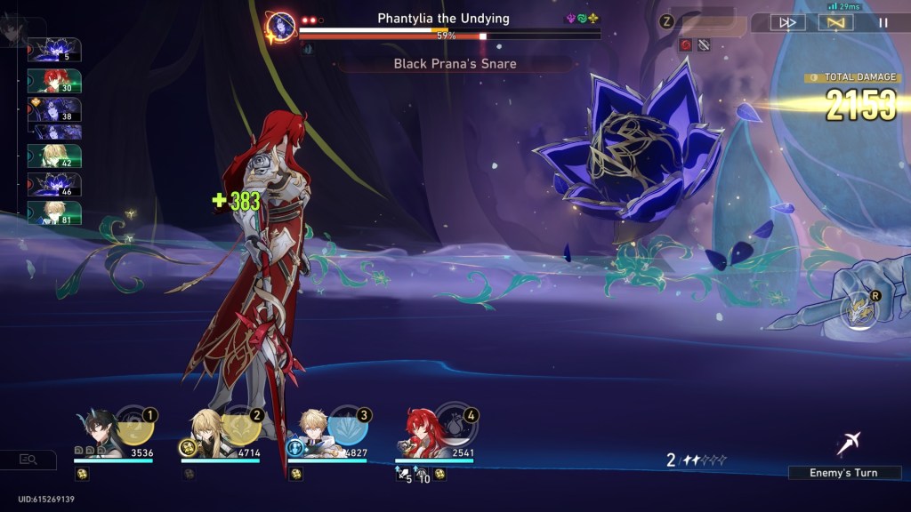 An image of Honkai: Star Rail's combat screen, showing Argenti, a knight wearing armor with long red hair.