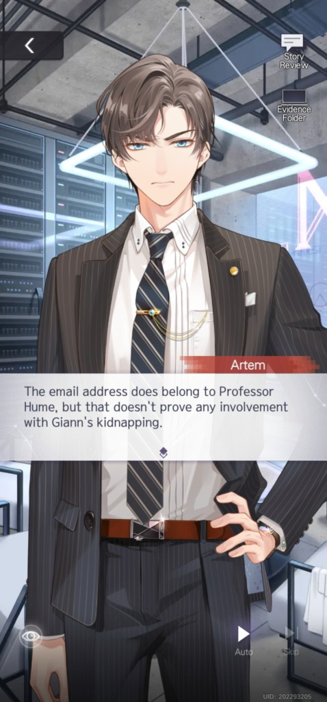 An image of Artem Wing from Tears of Themis. The dialogue in the text box says "The email address does belong to Professor Hume, but that doesn't prove any involvement with Giann's kidnapping."